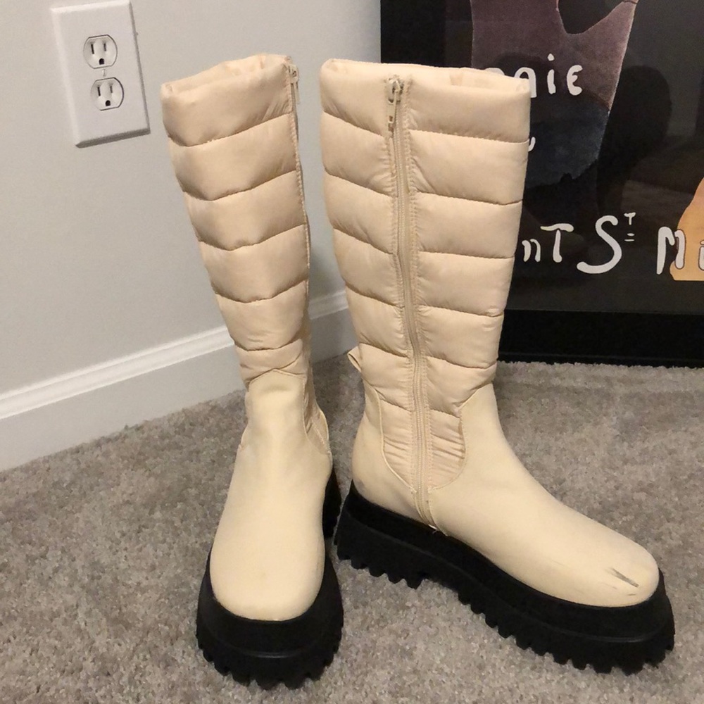 White puffy knee high winter boots